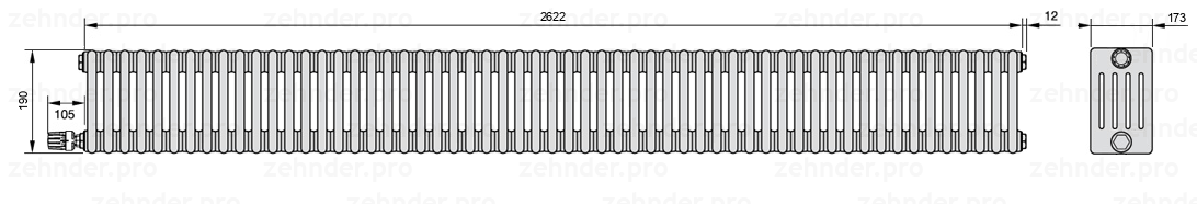 Схема (чертеж) Радиатор Zehnder Charleston 5019/57 №V004 Белый глянцевый RAL 9016